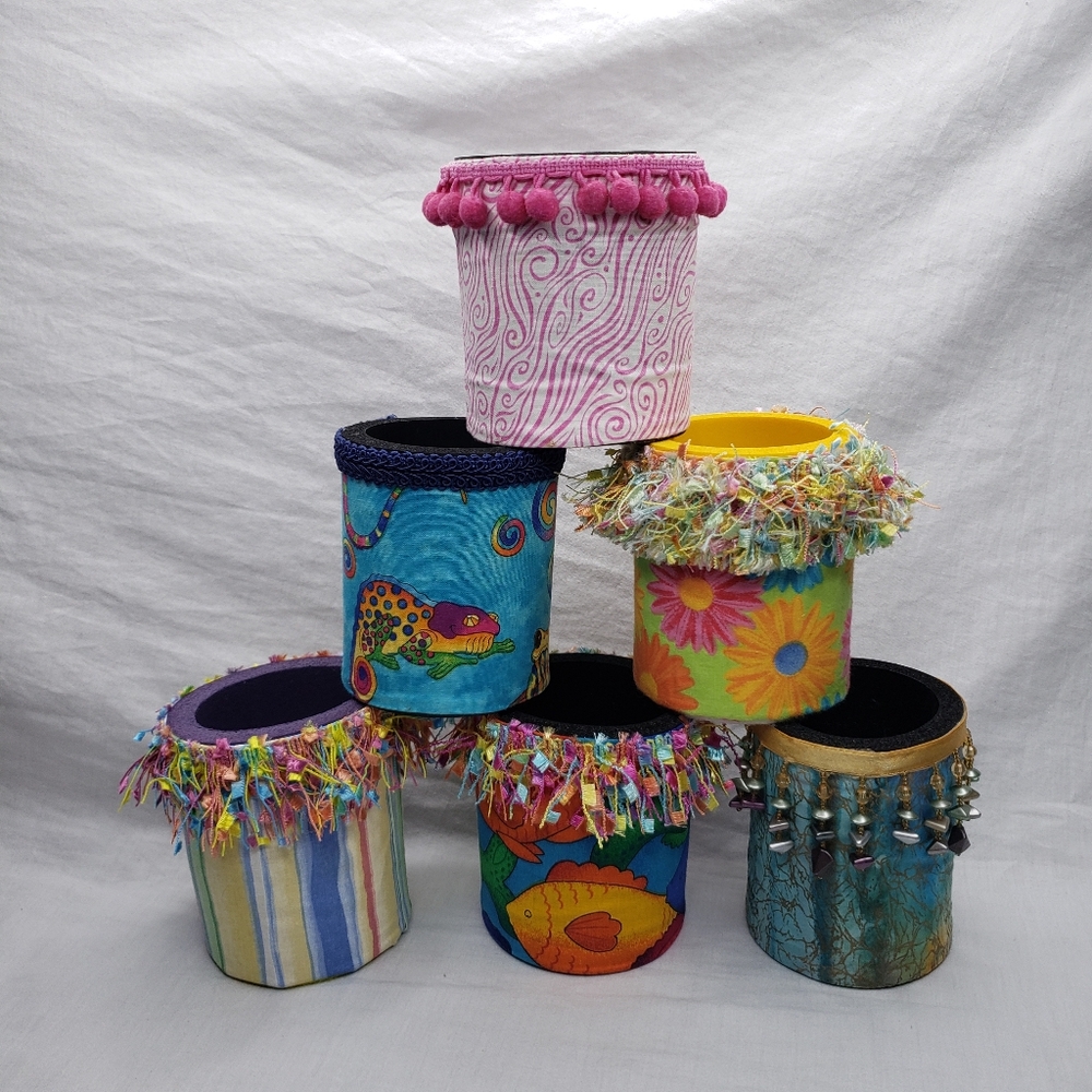 Six Handmade Colorful Festive Drink Koozies Cozzy
